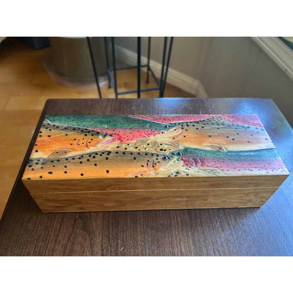 Vintage hinged wood wooden trinket box hand-carved painted trout scene cabin